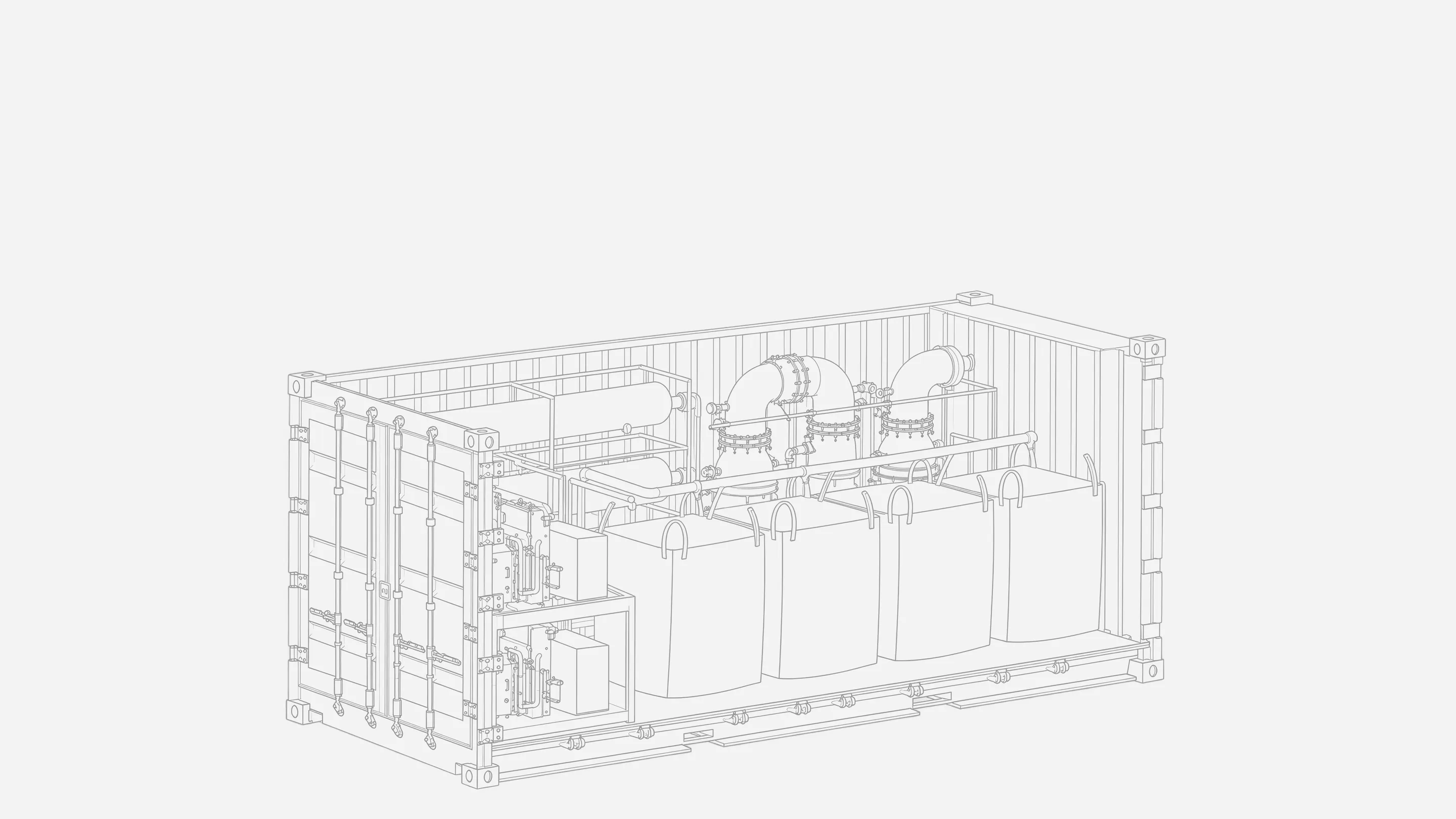 Isometric line drawing of the container interior: heat pump, exchangers, piping and solids storage bags